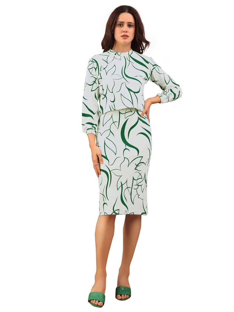 PURVAJA Women’s Puff Sleeve Midi Printed Green Co-Ords (Maxi-046-L) - Image 5