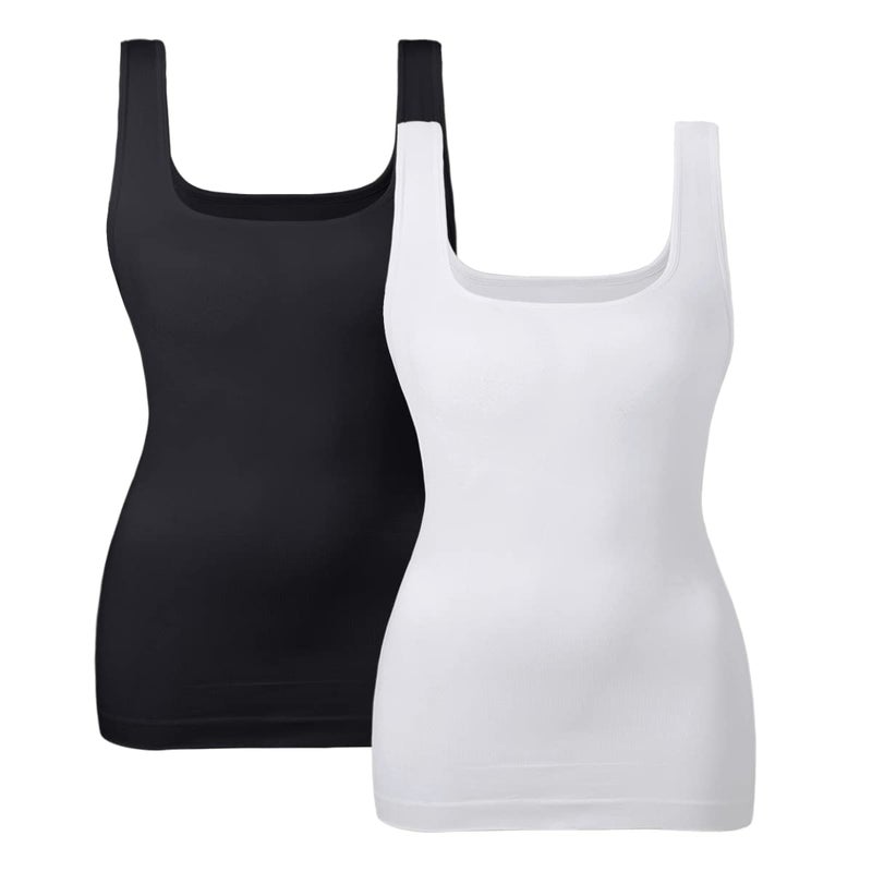 EUYZOU Women's 2PK Tummy Control Shapewear Tank Tops Seamless Square Neck Compression Tops Slimming Body Shaper Camisole-Black/White XXL - Image 1