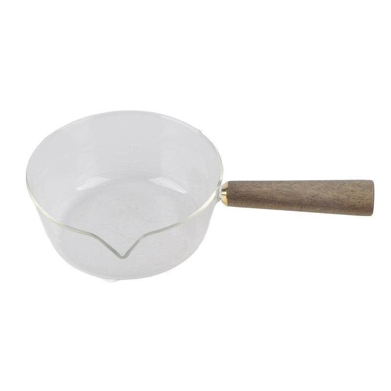 Glass Milk Pot: High Borosilicate Glass, V-Shaped No-Drip Spout, Comfortable Anti-Scald Wooden Handle - Non-Toxic Easy Clean Saucepan for Home Kitchen Gas Stove Use - Image 1