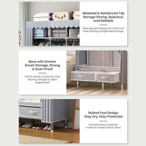 StarAndDaisy Breathable Fabric, Alloy Steel Kids FoldableWardrobe with Cover & Drawers Almirah for Clothes, Accessories/Space-Saving Closet with Side Pockets & Hanging Rod (Elegance), Multicolour - Image 4