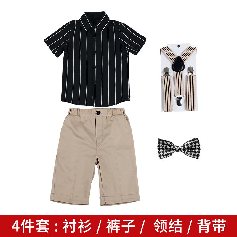 Children'S Suit 2024 Boys' Striped Short-Sleeved Suspender Pants Two-Piece Baby Chorus Host Dress - Image 1