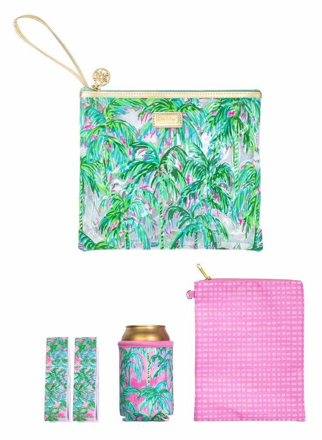 Lilly Pulitzer حقيبة شاطئ مقاومة للماء من الفينيل - تشمل حامل مشروبات، حقيبة بسحاب، ومشابك منشفة، من وجهات رائعة - Image 1
