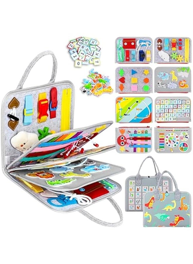 Toddler Busy Board Montessori Toys for Boys Girls, Sensory Board Educational Activities for Learning Fine Motor Skills, Birthday Gifts for Toddlers, Travel Toys for Airplane Car,Grey Dinosaur - Image 1