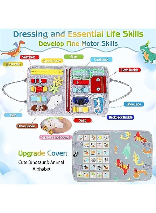 Toddler Busy Board Montessori Toys for Boys Girls, Sensory Board Educational Activities for Learning Fine Motor Skills, Birthday Gifts for Toddlers, Travel Toys for Airplane Car,Grey Dinosaur - Image 2
