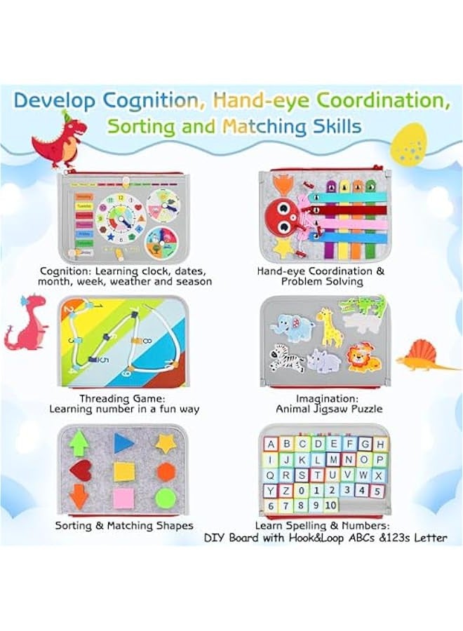 Toddler Busy Board Montessori Toys for Boys Girls, Sensory Board Educational Activities for Learning Fine Motor Skills, Birthday Gifts for Toddlers, Travel Toys for Airplane Car,Grey Dinosaur - Image 3