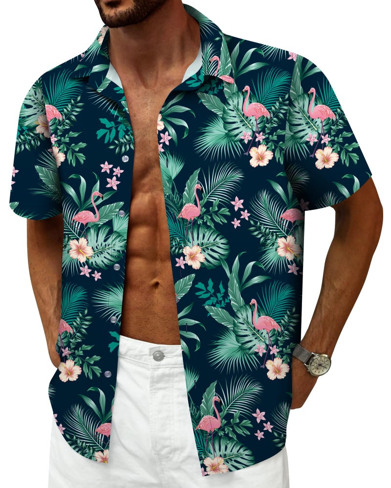 Mizvsitrd Hawaiian Shirt for Men, Men's Hawaiian Shirts Short Sleeve Tropical Shirts for Mens Vacation Shirts Flamingo Shirt for Beach, Luau, Cruise, Flamingo Green, Large - Image 3