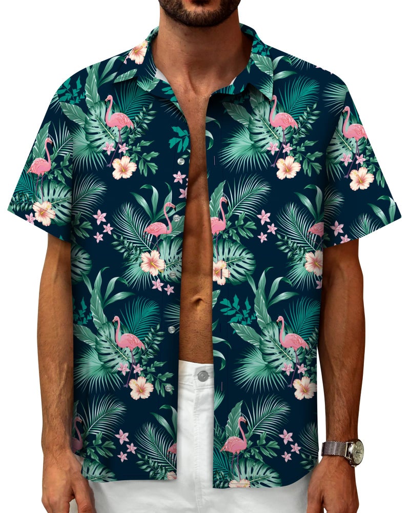 Mizvsitrd Hawaiian Shirt for Men, Men's Hawaiian Shirts Short Sleeve Tropical Shirts for Mens Vacation Shirts Flamingo Shirt for Beach, Luau, Cruise, Flamingo Green, Large - Image 2