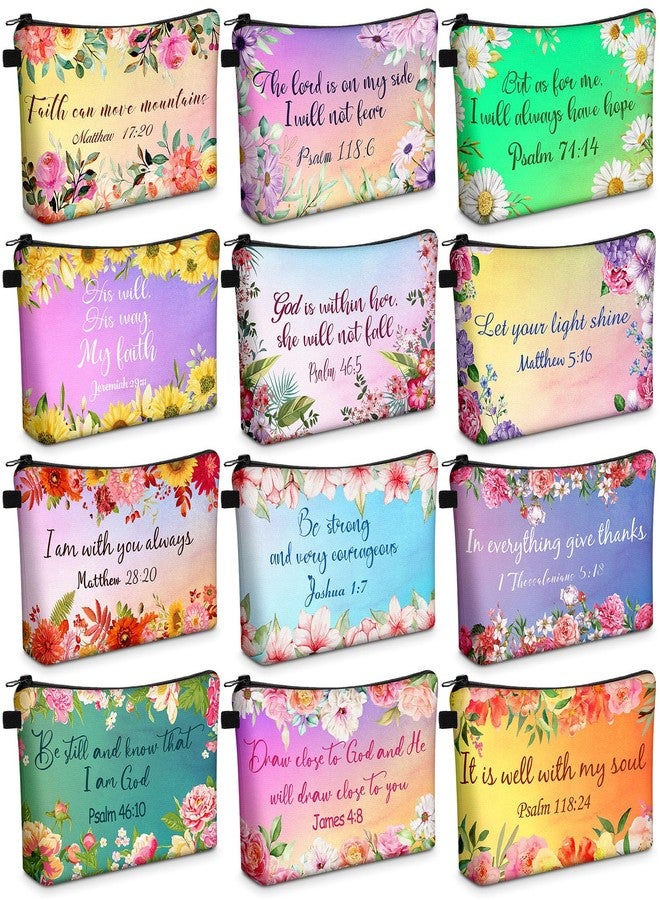Chunful 12 Pcs Inspirational Christian Gifts Religious Makeup Bags Bulk for Women Bible Verse Flower Cosmetic Bag Thanksgiving Christmas Gift for Church Ladies, 7.48 x 4.72 Inch(Stylish) - Image 1