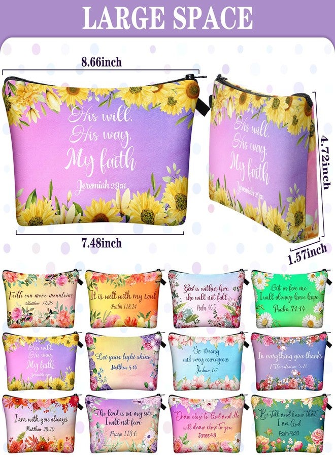 Chunful 12 Pcs Inspirational Christian Gifts Religious Makeup Bags Bulk for Women Bible Verse Flower Cosmetic Bag Thanksgiving Christmas Gift for Church Ladies, 7.48 x 4.72 Inch(Stylish) - Image 3