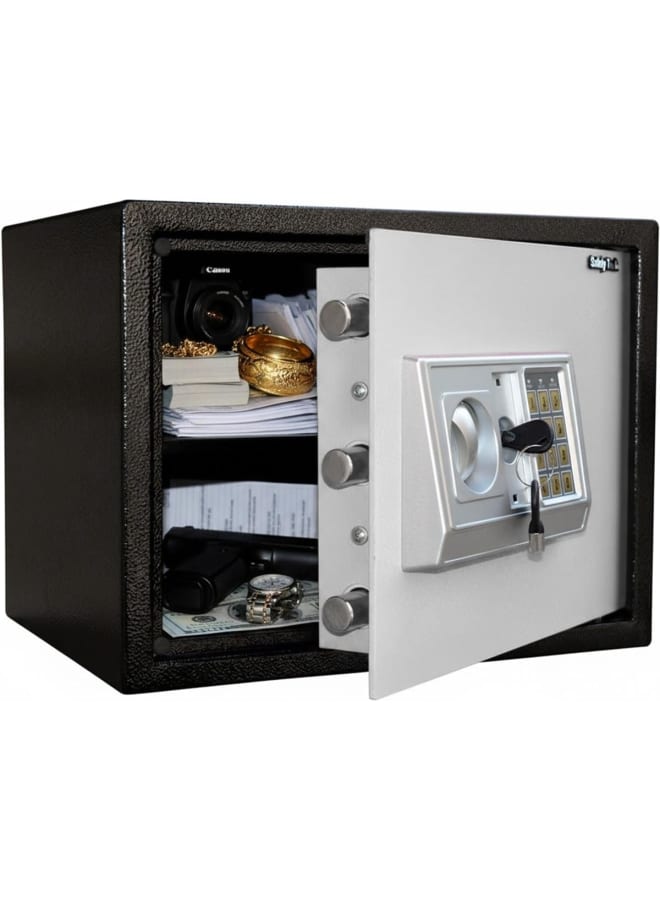 Safety Tech Digital Personal Home Safe – Equipped with a digital locking system + security lock with 2 emergency keys. Dimensions: 38 x 30 x 30 cm. Suitable for storing cash, important documents, and jewelry. Robust design. Gray. - Image 1