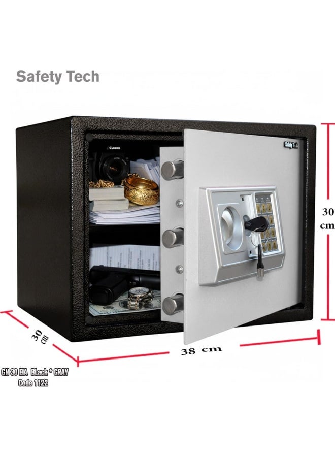 Safety Tech Digital Personal Home Safe – Equipped with a digital locking system + security lock with 2 emergency keys. Dimensions: 38 x 30 x 30 cm. Suitable for storing cash, important documents, and jewelry. Robust design. Gray. - Image 5