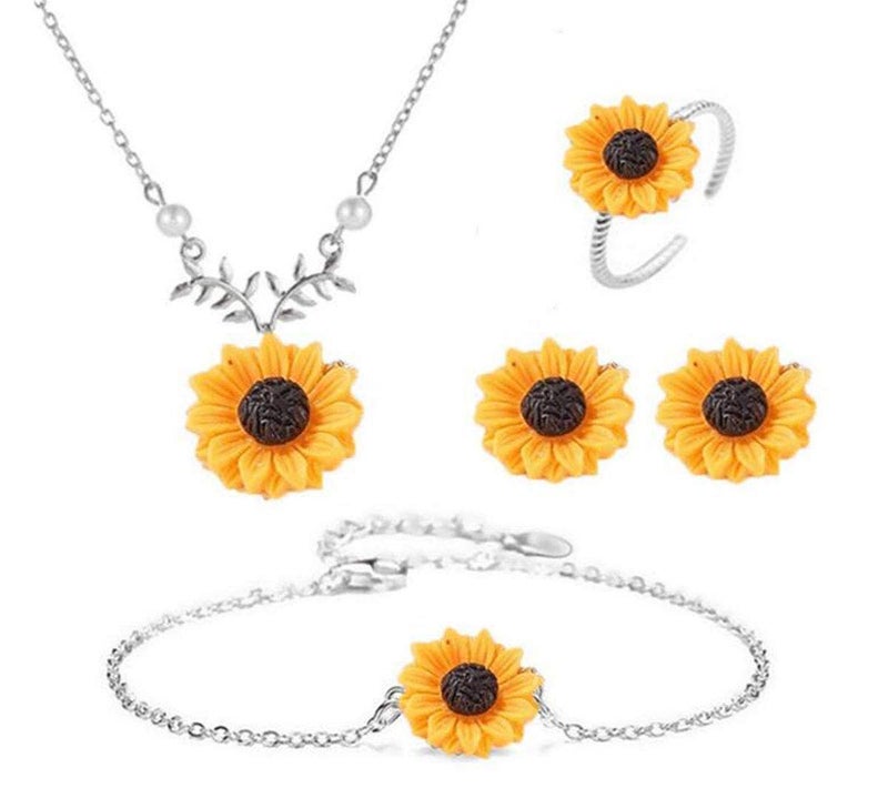 Suoirblss 5PCS Sunflower Faux Pearl Leaf Chain Resin Boho Petal Pendant Necklace with Sunflower Bracelet Earrings Ring for Women Jewelry Accessories Silver