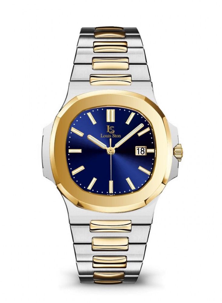 Louis Ston Men's wrist watch, waterproof and of high quality, inspired by the famous Patek Philippe watches, silver and gold color with a blue dial