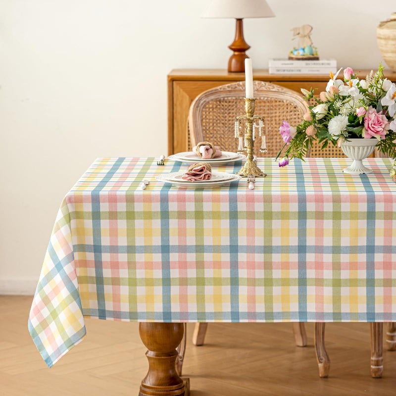 Jia le JIALE Easter Gingham Tablecloth for Rectangle Tables, Spring Buffalo Check Wrinkle Free Fabric Table Cloth, Plaid Table Cover for Kitchen Dinner Outdoor Birthday Party Decor, 52"x70", Yellow Green - Image 1