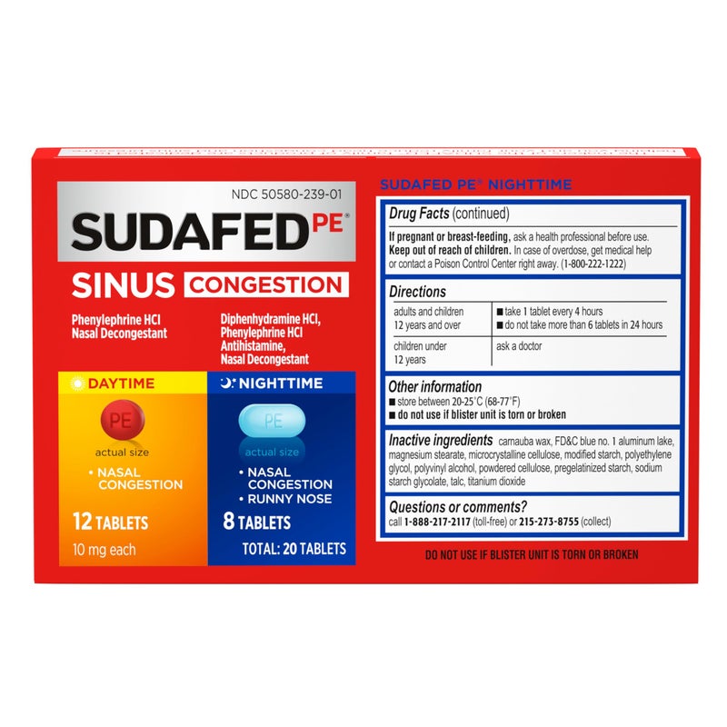 Sudafed أقراص سودافيد بي لعلاج احتقان الجيوب الأنفية خلال النهار والليل بتركيز أقصى من مزيل الاحتقان ومضاد الهيستامين مع فينيل إفرين هيدروكلوريد وديفينهيدرامين هيدروكلوريد، يساعد في ضغط الأنف والجيوب الأنفية والاحتقان، 20 حبة - Image 5