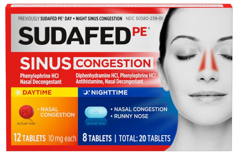 Sudafed أقراص سودافيد بي لعلاج احتقان الجيوب الأنفية خلال النهار والليل بتركيز أقصى من مزيل الاحتقان ومضاد الهيستامين مع فينيل إفرين هيدروكلوريد وديفينهيدرامين هيدروكلوريد، يساعد في ضغط الأنف والجيوب الأنفية والاحتقان، 20 حبة - Image 1