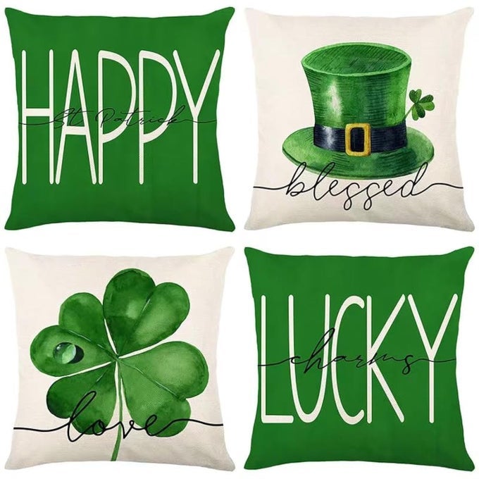 ST PATRICKS DAY DECORTHROW PILLOW COVERS 18X18 IN SET OF 4SHAMROCK LINEN PILLOW CASE WITH GREEN HAT IRISH FOR LARGE COUCH SOFA HOME INDOOR OUTDOOR HOLIDAY DECORATIONS