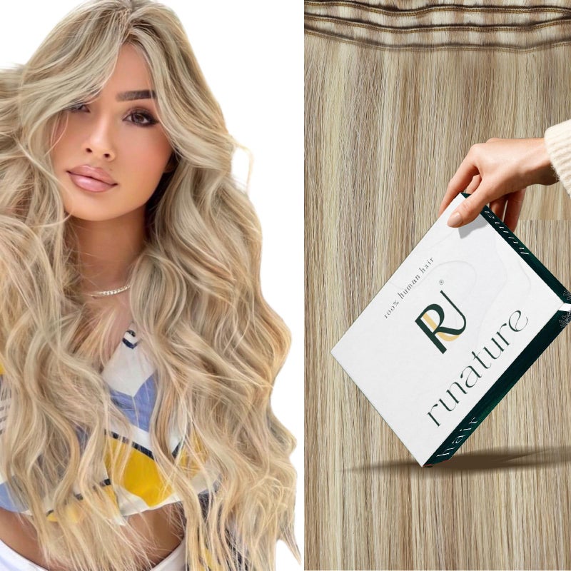 RUANTURE Sew in Hair Extensions Real Human Hair Weft Hair Extensions Human Hair Double Wefts Sew in Hair Extension Remy Human Hair Weft Ash Blonde Highlight Platinum Blonde 12 Inch 70g