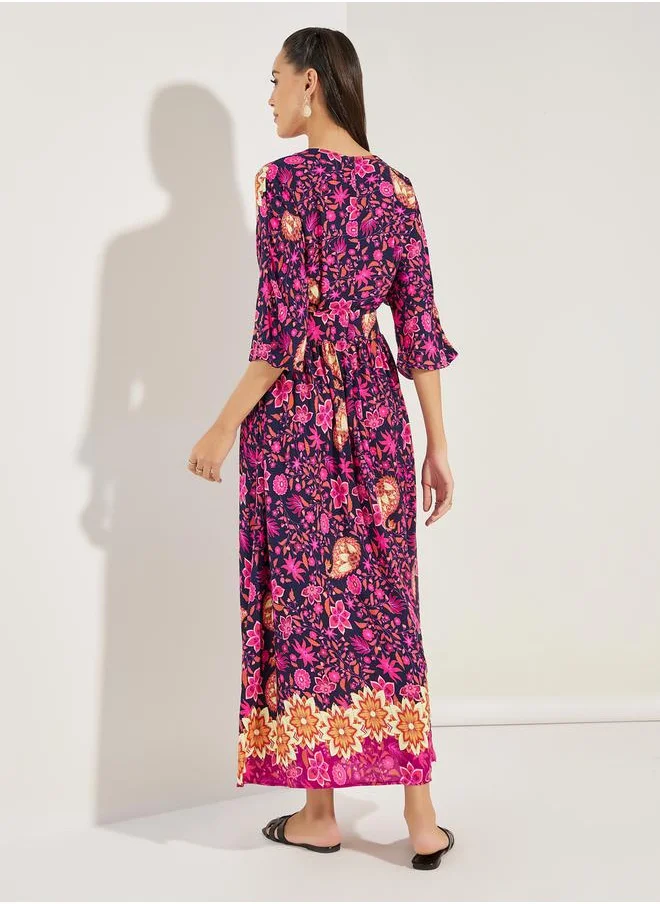 ستايلي Floral Print 3/4 Sleeves Maxi Dress