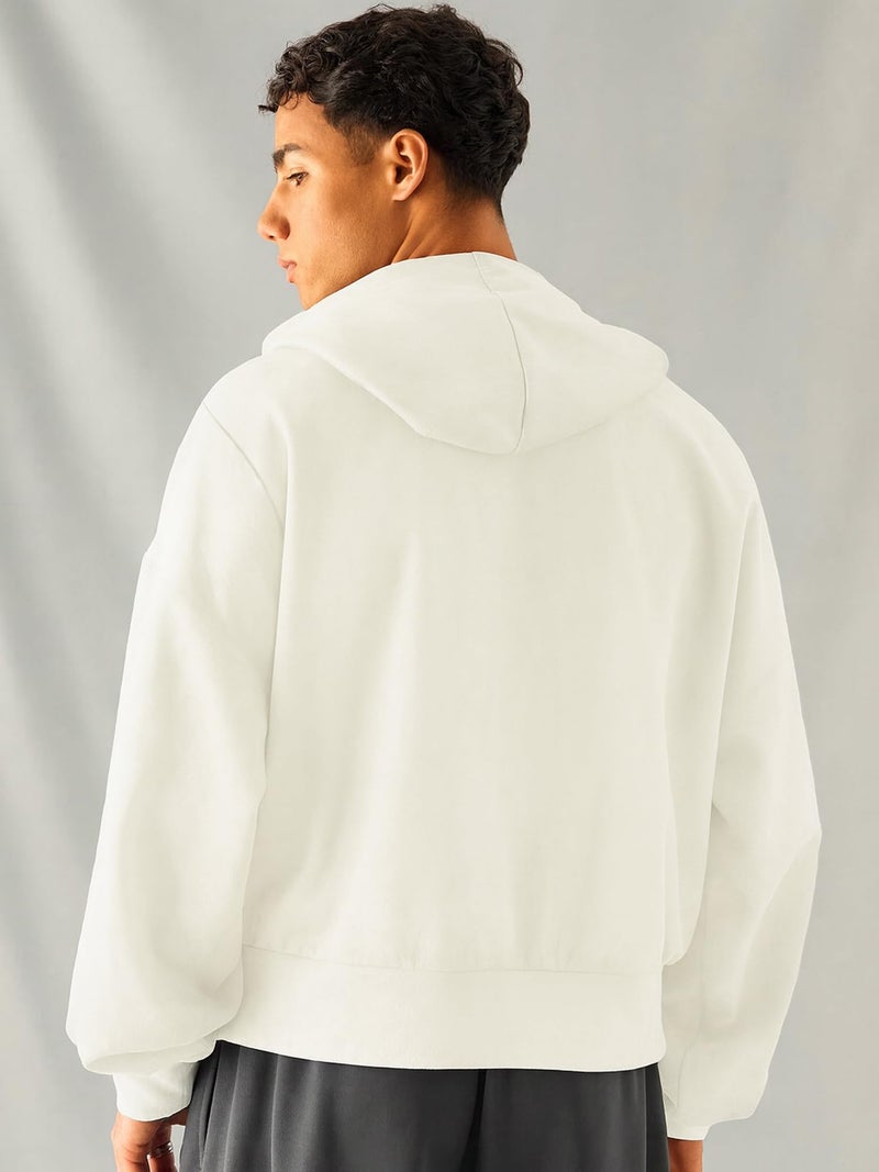 Jump Cuts Mens Solid Hooded Neck Full Sleeve Cream Full Zipper Kangaroo Pockets LoopKnit Sweatshirt - Image 4