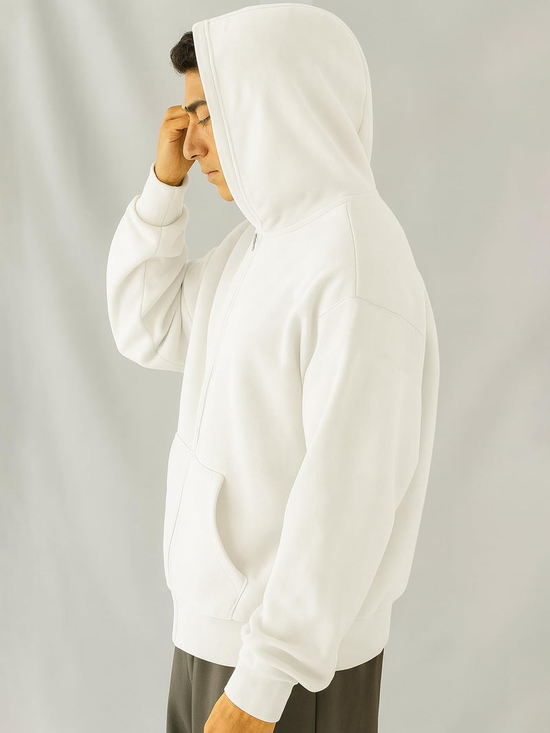 Jump Cuts Mens Solid Hooded Neck Full Sleeve Cream Full Zipper Kangaroo Pockets LoopKnit Sweatshirt - Image 3
