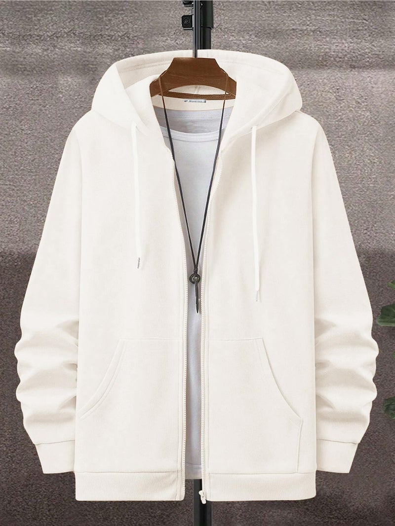 Jump Cuts Mens Solid Hooded Neck Full Sleeve Cream Full Zipper Kangaroo Pockets LoopKnit Sweatshirt - Image 2
