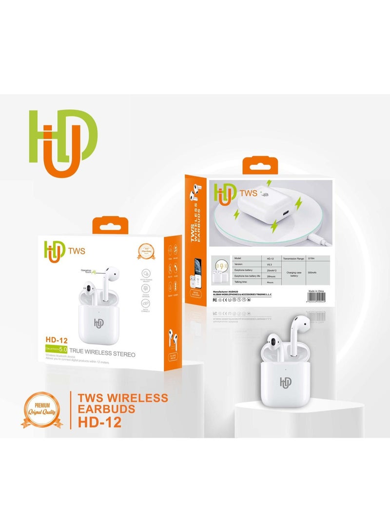 سماعات أذن لاسلكية HD-12 TWS بتقنية بلوتوث 5.0، جودة صوت ممتازة، بطارية تدوم طويلاً مع علبة شحن، سماعات ستيريو لاسلكية حقيقية للموسيقى والمكالمات