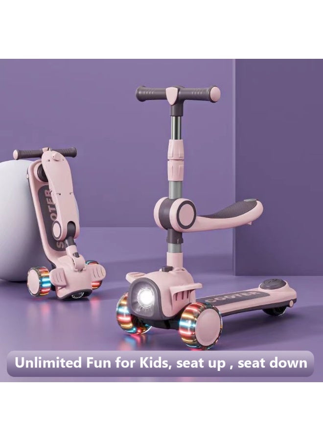 3 Wheel Kids Scooter with LED Light Up Wheels and Music for Toddlers Girls and Boys 4 Adjustable Handlebar Heights Tilt Steering Wide Deck for Kids Ages 2-12 - Pink  - Image 2