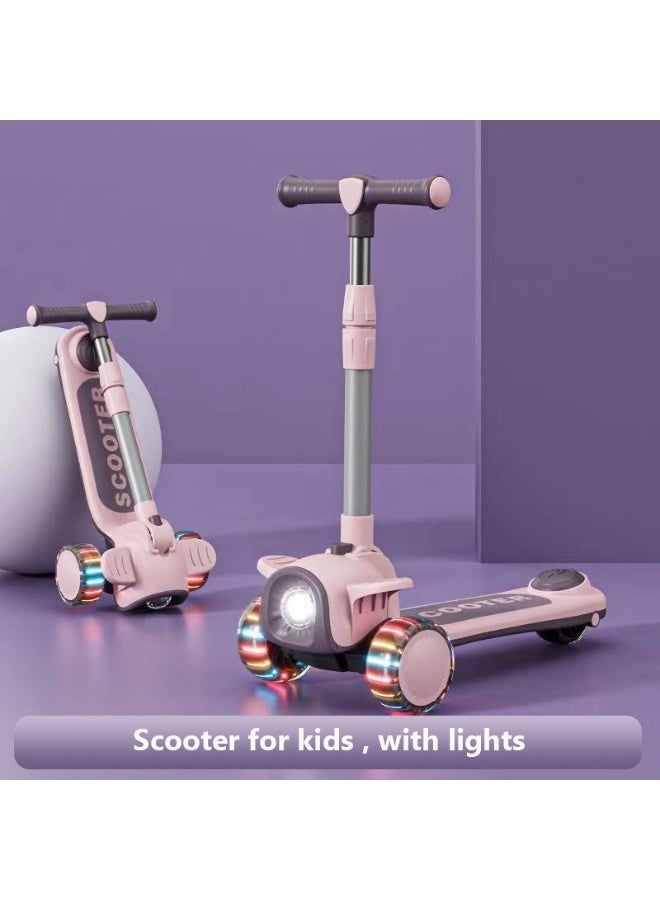 3 Wheel Kids Scooter with LED Light Up Wheels and Music for Toddlers Girls and Boys 4 Adjustable Handlebar Heights Tilt Steering Wide Deck for Kids Ages 2-12 - Pink  - Image 1
