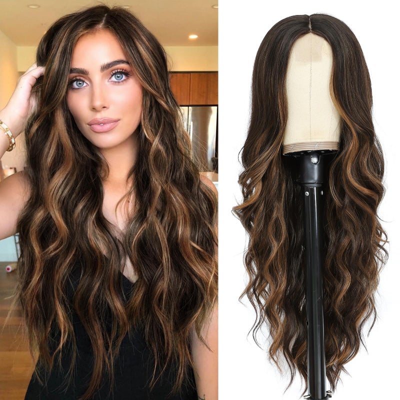 NAYOO 26 Inch Long Curly Middle Part Synthetic Heat Resistant Fiber Wig for Women - Daily Use Party Wig in Dark Brown - Image 1