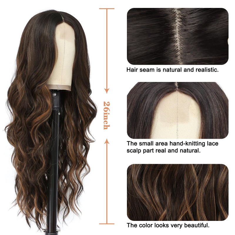 NAYOO 26 Inch Long Curly Middle Part Synthetic Heat Resistant Fiber Wig for Women - Daily Use Party Wig in Dark Brown - Image 4