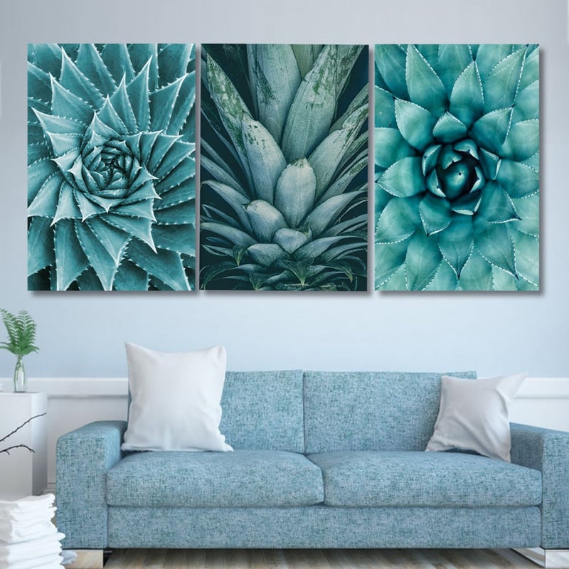 Marktna Three modern canvas paintings with a floral design and a hollow frame, measuring (90×40), three pieces - Image 1