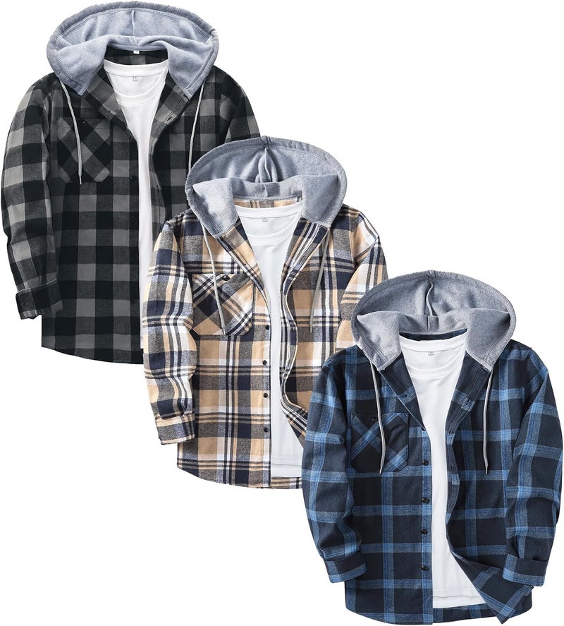 ZITY 3 Pack Men's Flannel Hoodie Shirts Long Sleeve Casual Vintage Button Down Plaid Shirt Jacket with Pocket - Image 1