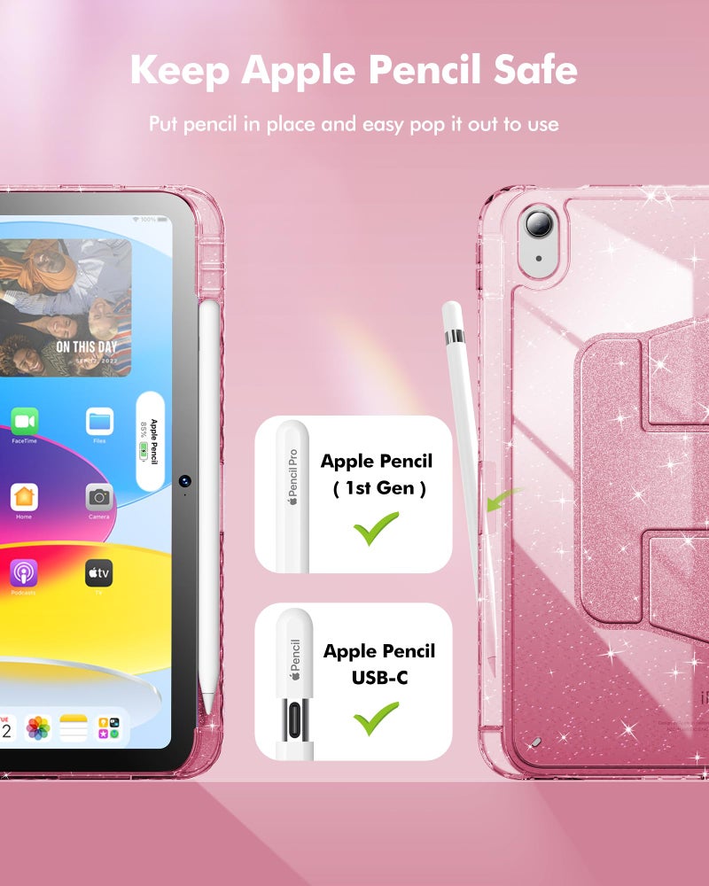 INFILAND Case for iPad A16 11-inch 11th Generation, iPad 10th Generation Case 10.9 Inch for Kids, Girls, 360 Rotating Cute Glitter Cover with Crystal Clear Back, Pencil Holder (Pink) - Image 4