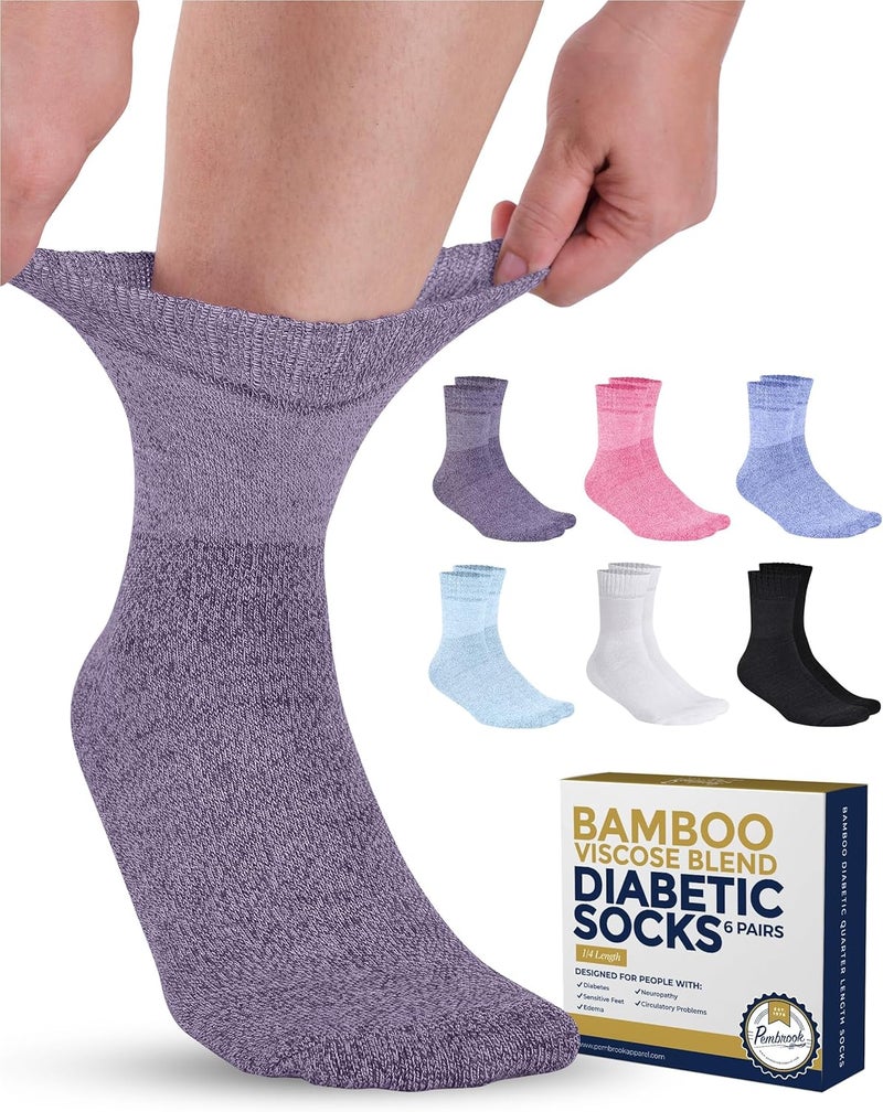 Pembrook Bamboo Viscose Diabetic Socks for Women  Men  6 Pairs Ankle Socks for Swollen Feet  Neuropathy  Wide Calf  Edema - Image 1