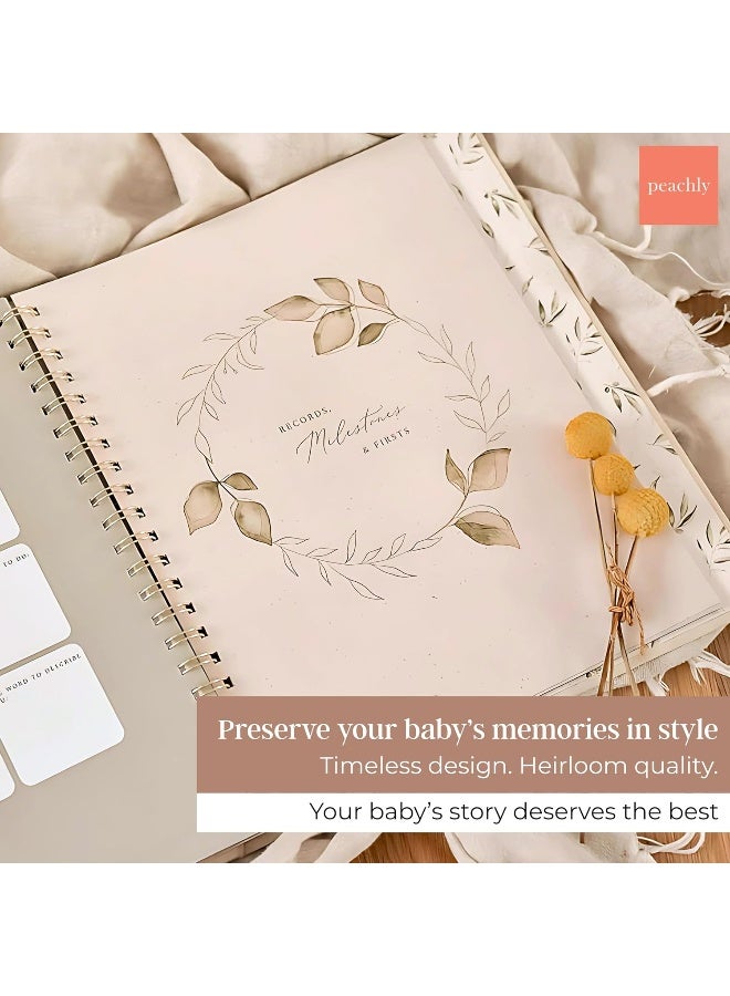 Peachly Unisex Baby Memory Book | Baby Book | Baby First Year Baby Book Keepsake for Milestones | Baby Books First Year Memory Book | Baby Scrapbook for Boy Girl Milestones | Natural Linen - Olive - Image 3