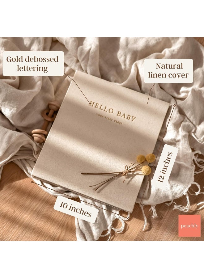Peachly Unisex Baby Memory Book | Baby Book | Baby First Year Baby Book Keepsake for Milestones | Baby Books First Year Memory Book | Baby Scrapbook for Boy Girl Milestones | Natural Linen - Olive - Image 2