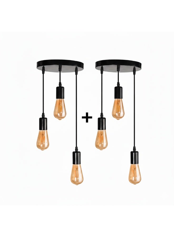 El Rawda Lighting 2 Triple Pendant Lights with an elegant design – Luxury Black with adjustable wires, ideal for rooms and corridors Black 23x23cm