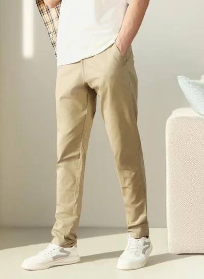 Dennis Lingo Men's Light Khaki 100% Cotton Solid Pattern Full Length Chinos Slim Fit Trouser