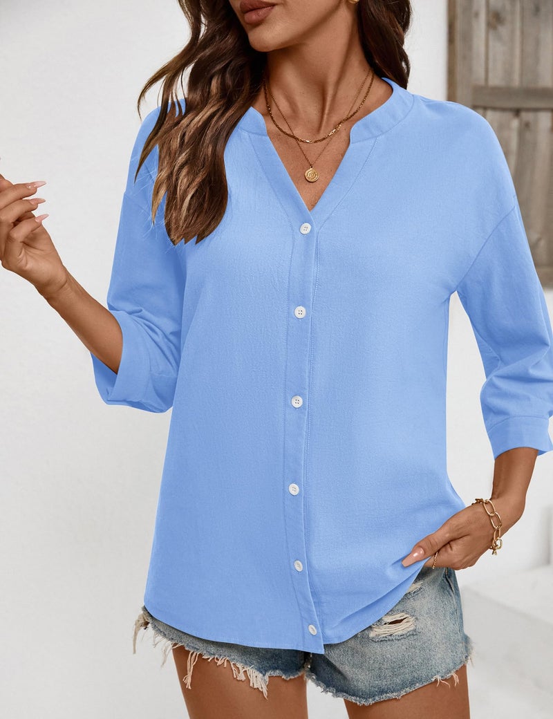 LOMON Button Down Shirts 3/4 Sleeve Cotton Linen Tops Roll Up Short Sleeve V Neck Loose Work Blouse Sky Blue XXL - Image 5