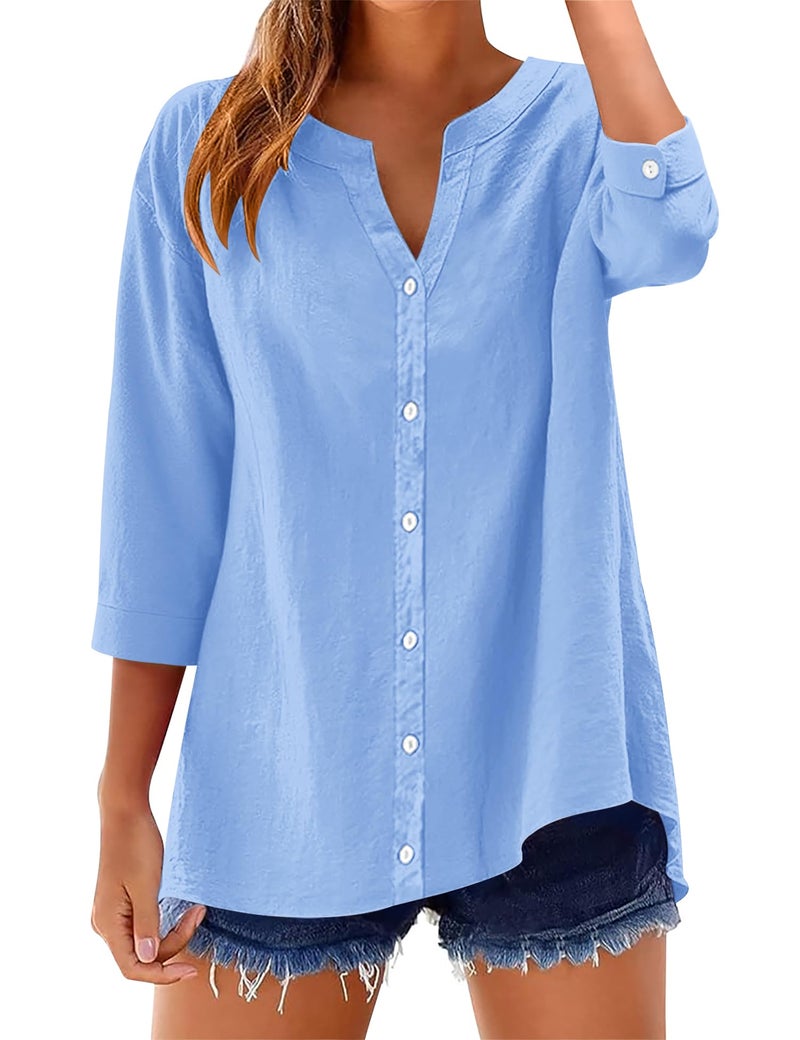 LOMON Button Down Shirts 3/4 Sleeve Cotton Linen Tops Roll Up Short Sleeve V Neck Loose Work Blouse Sky Blue XXL - Image 1
