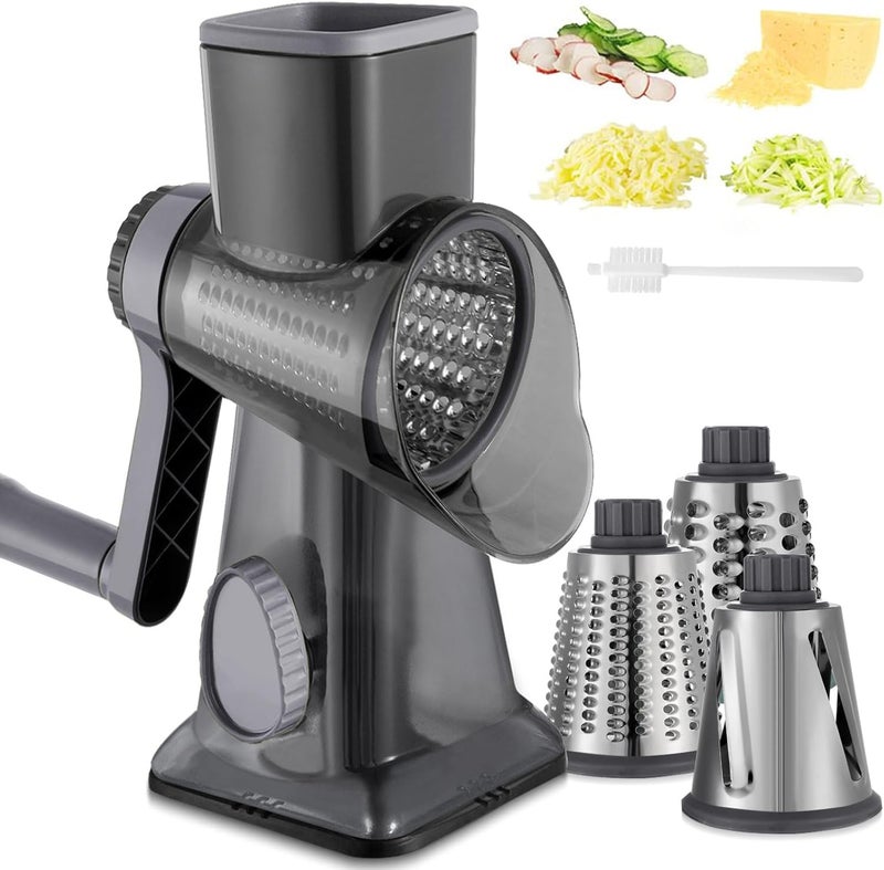 EDEFISY Cheese Grater Hand Crank Rotary Vegetables Shredder with Handle, 3-in-1 Graters with Interchangeable Blades and Strong Suction Base Multifunctional Slicer for Kitchen - Image 1