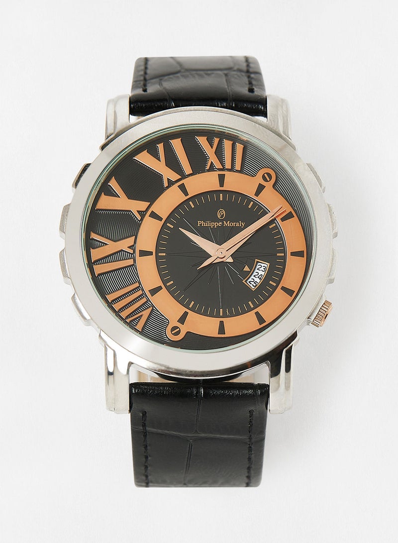 Philippe Moraly Leather Strap Analog Wrist Watch L1017CRBB - 43mm - Black - Image 1