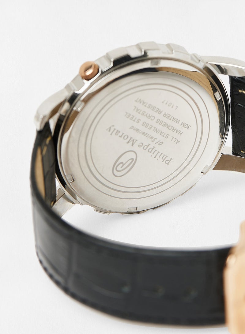 Philippe Moraly Leather Strap Analog Wrist Watch L1017CRBB - 43mm - Black - Image 3