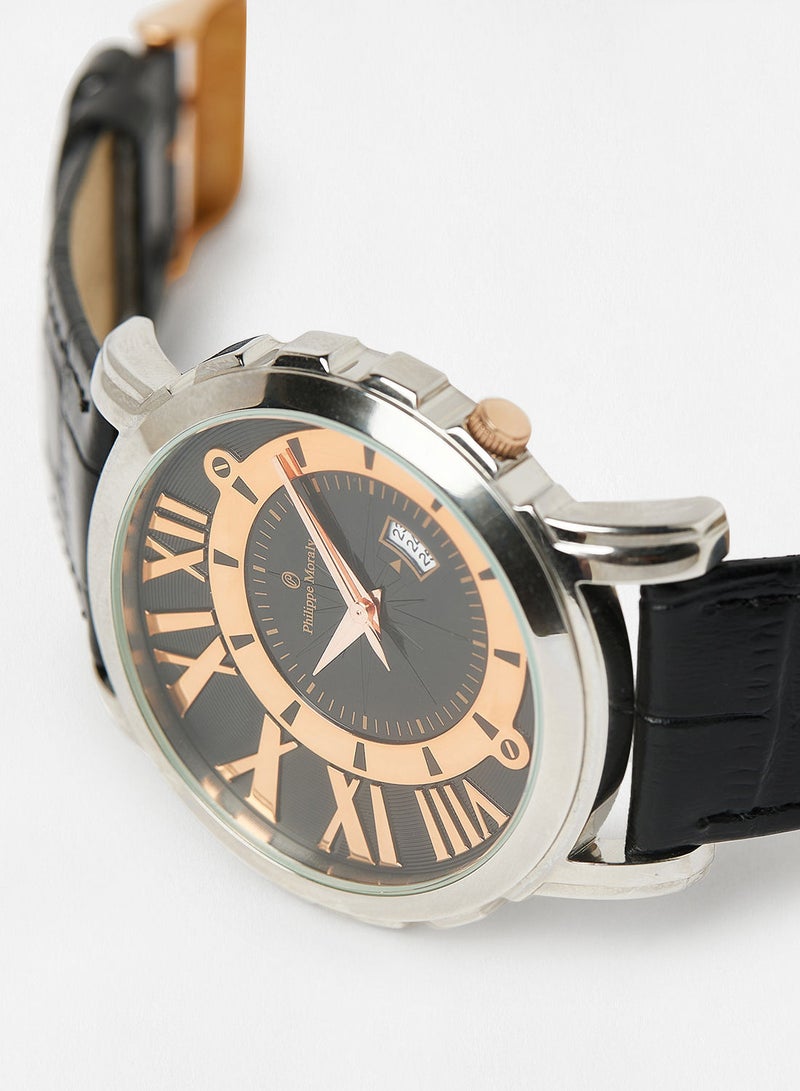 Philippe Moraly Leather Strap Analog Wrist Watch L1017CRBB - 43mm - Black - Image 2