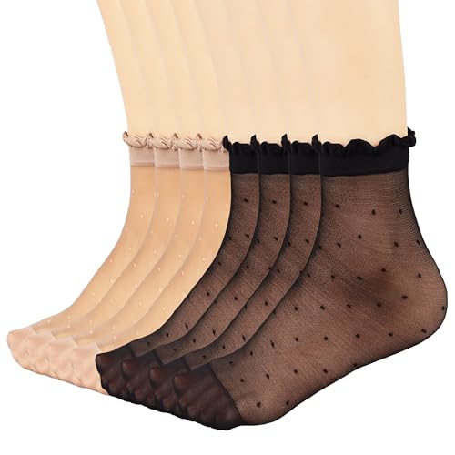 Mcool Mary 12 Pairs Women's Sheer Ruffled Socks Frilly Ankle High Nude Black Nylon Stocking Summer Ultra Thin Cool Silk Dot Socks for Women - Image 1