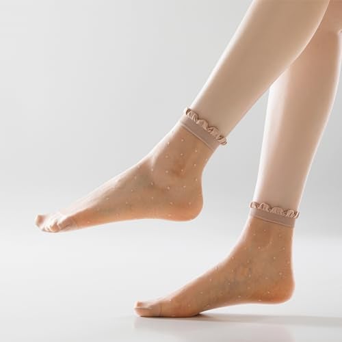 Mcool Mary 12 Pairs Women's Sheer Ruffled Socks Frilly Ankle High Nude Black Nylon Stocking Summer Ultra Thin Cool Silk Dot Socks for Women - Image 3