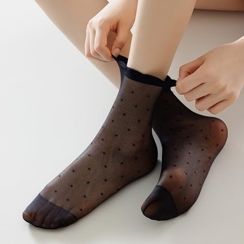 Mcool Mary 12 Pairs Women's Sheer Ruffled Socks Frilly Ankle High Nude Black Nylon Stocking Summer Ultra Thin Cool Silk Dot Socks for Women - Image 2