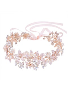 Oriamour Wedding Headband Bridal Headpiece Flower Design With Genuine Freshwater Pearls And Ribbons Hair Accessories For Bride (Rose Gold)  - Image 1