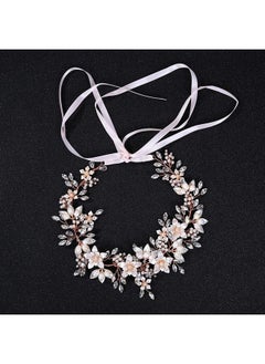 Oriamour Wedding Headband Bridal Headpiece Flower Design With Genuine Freshwater Pearls And Ribbons Hair Accessories For Bride (Rose Gold)  - Image 3
